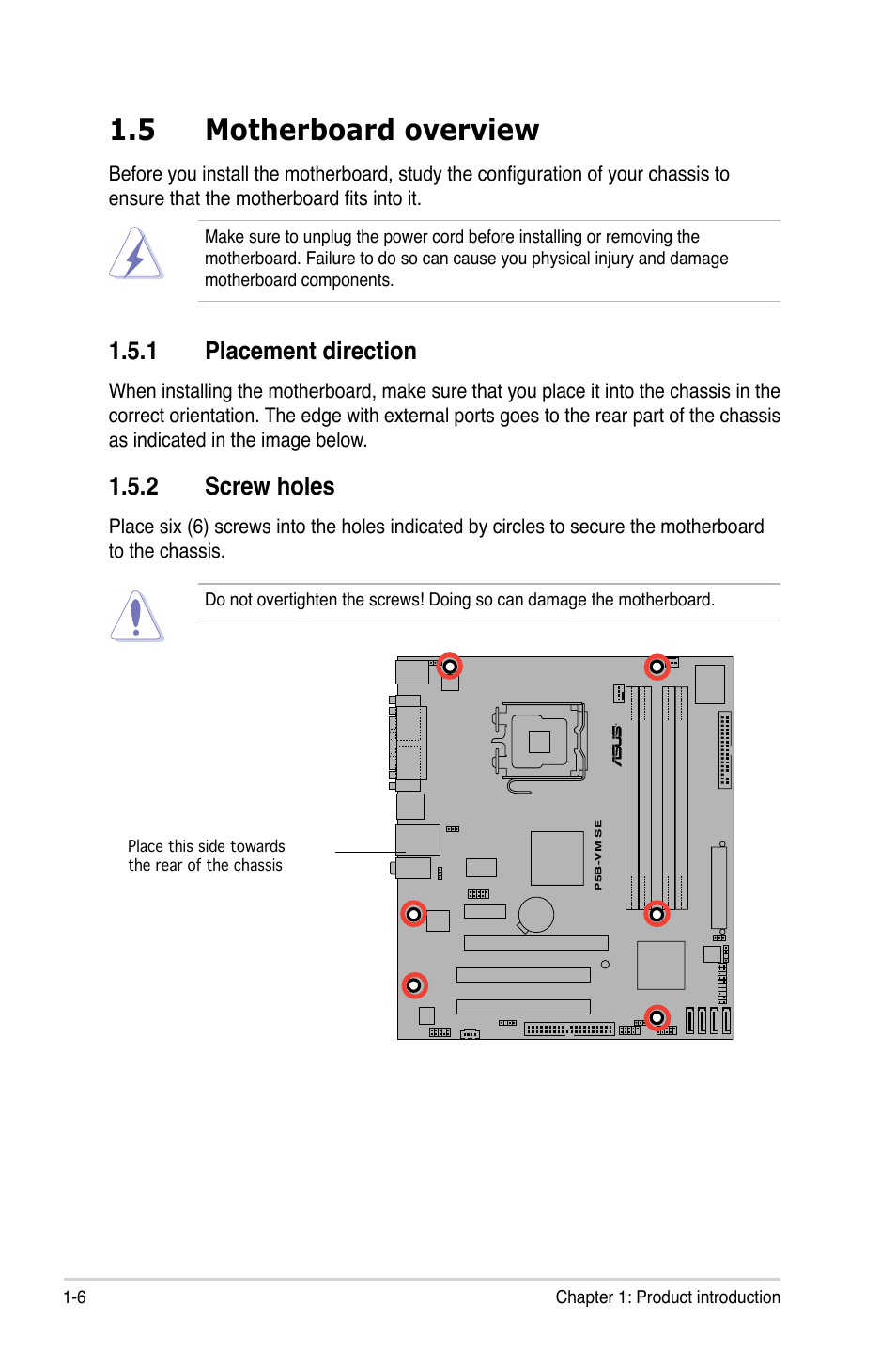 5 motherboard overview, 1 placement direction, 2 screw holes | Asus P5B-VM SE User Manual | Page 18 / 94