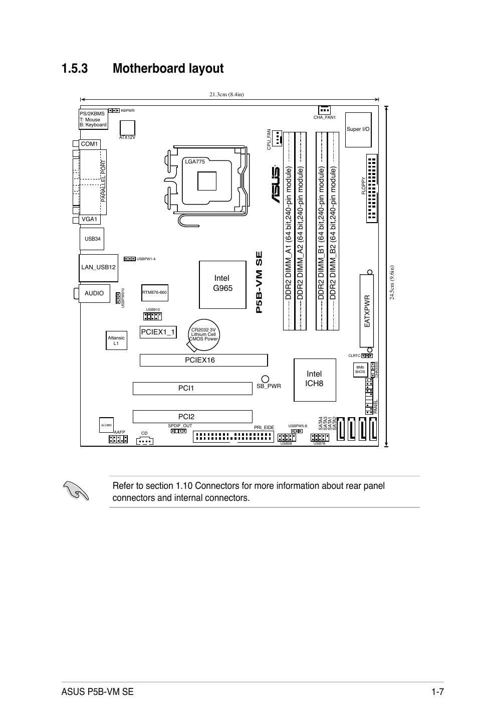 3 motherboard layout, Asus p5b-vm se 1-7, Intel g965 intel ich8 | P5b-vm se | Asus P5B-VM SE User Manual | Page 19 / 94