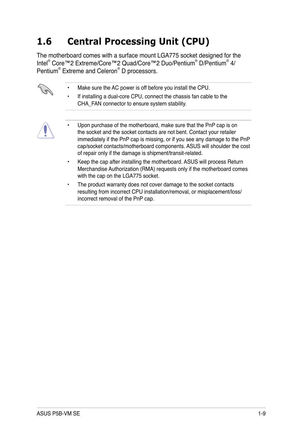 6 central processing unit (cpu) | Asus P5B-VM SE User Manual | Page 21 / 94