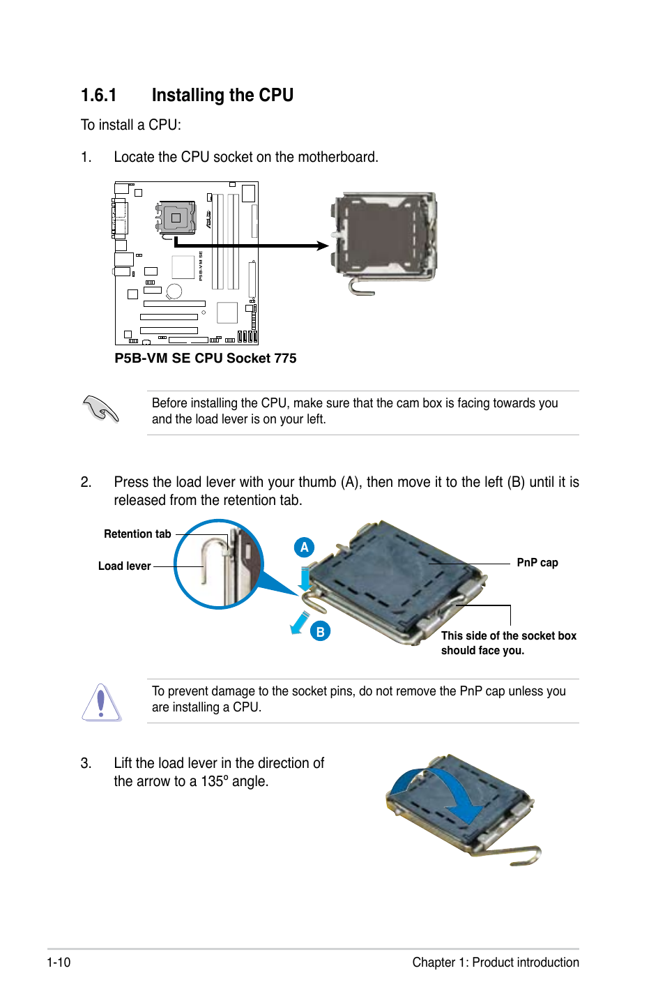 1 installing the cpu | Asus P5B-VM SE User Manual | Page 22 / 94