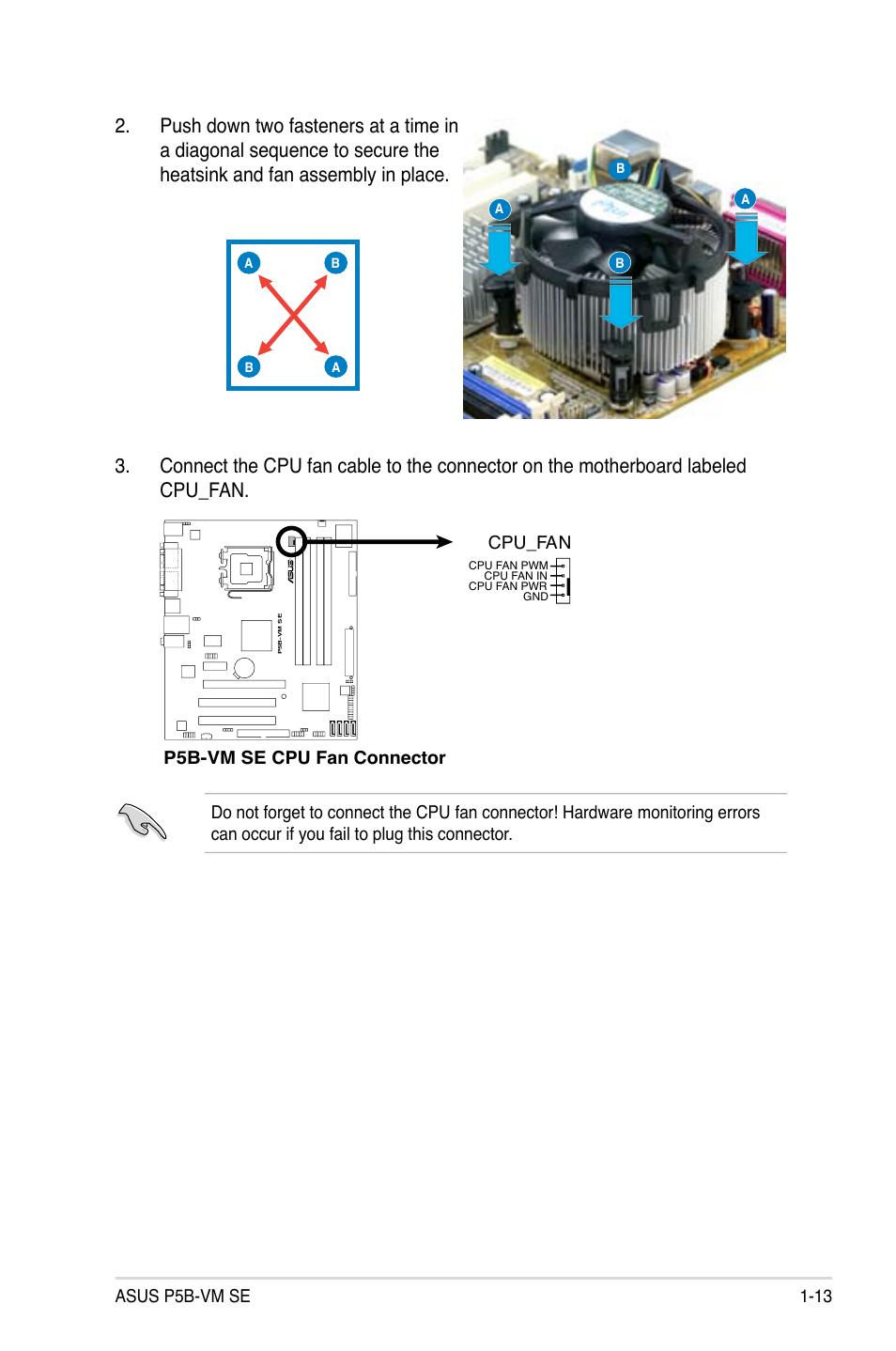 Asus p5b-vm se 1-13, P5b-vm se cpu fan connector cpu_fan | Asus P5B-VM SE User Manual | Page 25 / 94