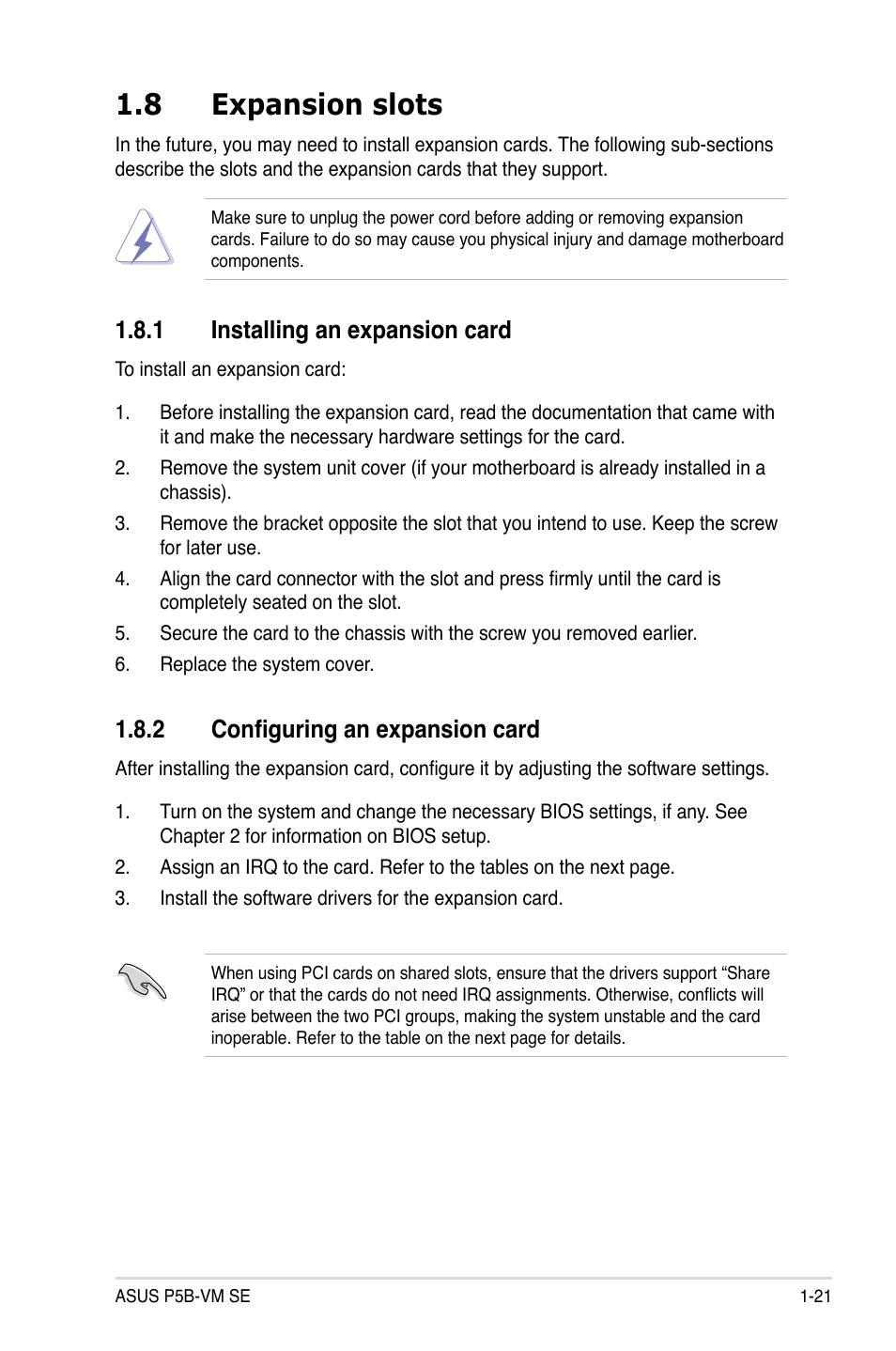 8 expansion slots, 1 installing an expansion card, 2 configuring an expansion card | Asus P5B-VM SE User Manual | Page 33 / 94