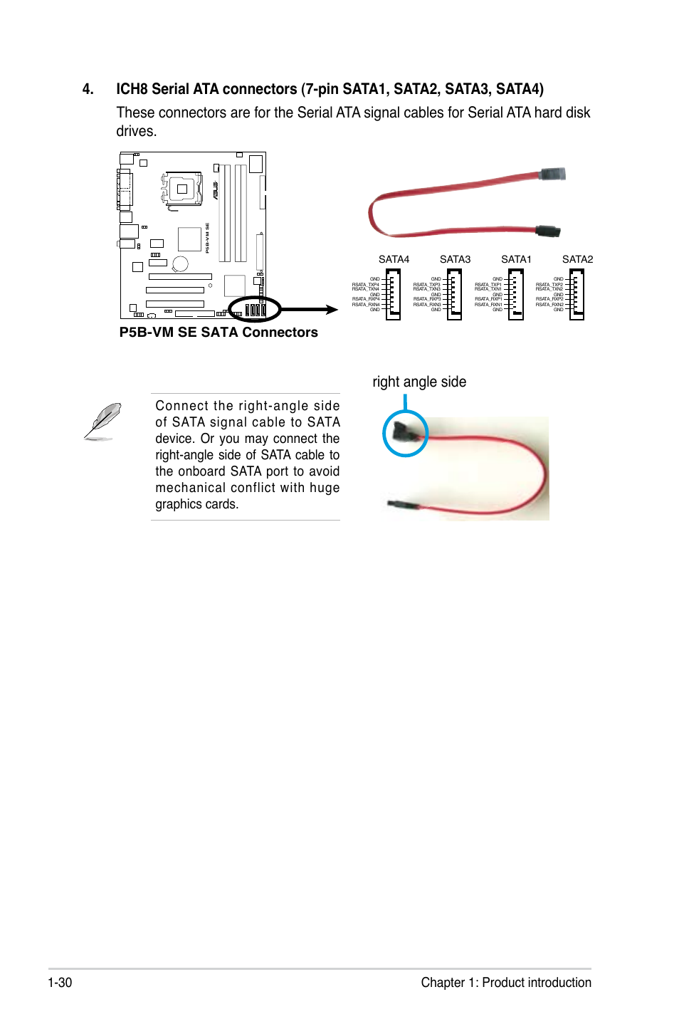 Right angle side, 30 chapter 1: product introduction, P5b-vm se sata connectors | Asus P5B-VM SE User Manual | Page 42 / 94