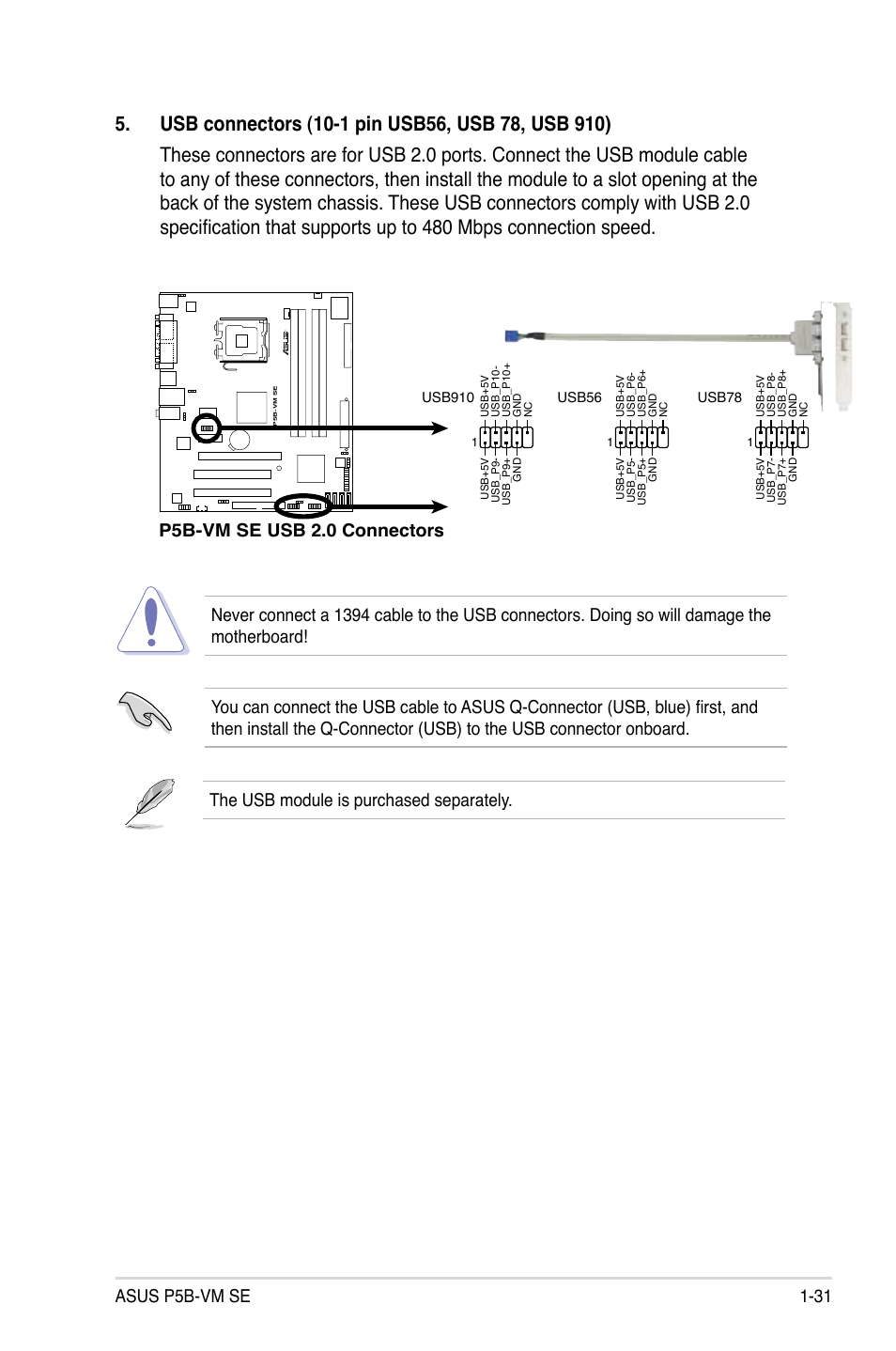 Asus p5b-vm se 1-31, P5b-vm se usb 2.0 connectors, The usb module is purchased separately | Asus P5B-VM SE User Manual | Page 43 / 94