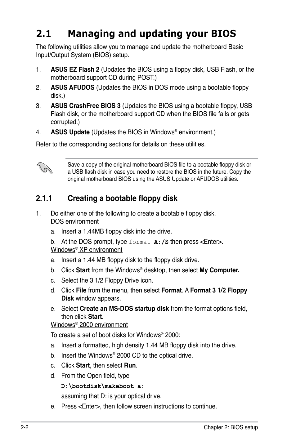 1 managing and updating your bios, 1 creating a bootable floppy disk | Asus P5B-VM SE User Manual | Page 50 / 94