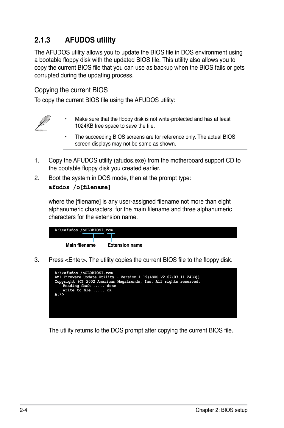 3 afudos utility, Copying the current bios | Asus P5B-VM SE User Manual | Page 52 / 94