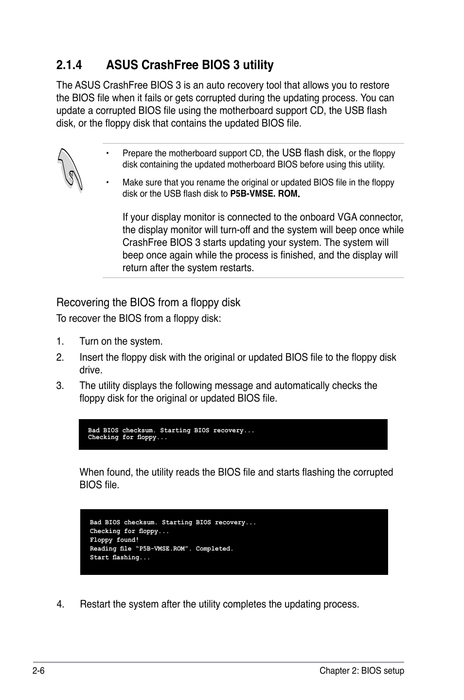 4 asus crashfree bios 3 utility, Recovering the bios from a floppy disk | Asus P5B-VM SE User Manual | Page 54 / 94