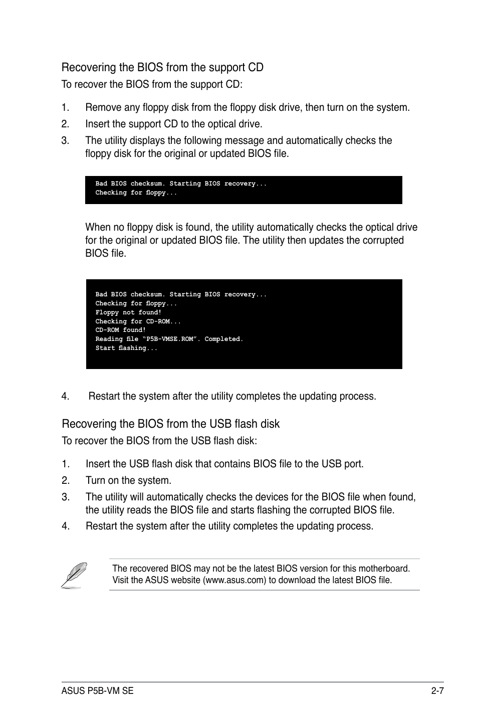 Recovering the bios from the support cd, Recovering the bios from the usb flash disk | Asus P5B-VM SE User Manual | Page 55 / 94