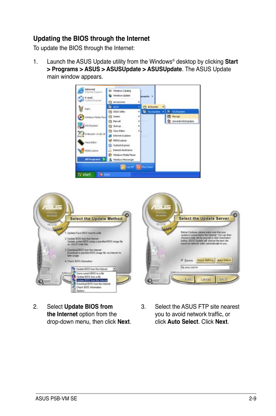 Updating the bios through the internet | Asus P5B-VM SE User Manual | Page 57 / 94