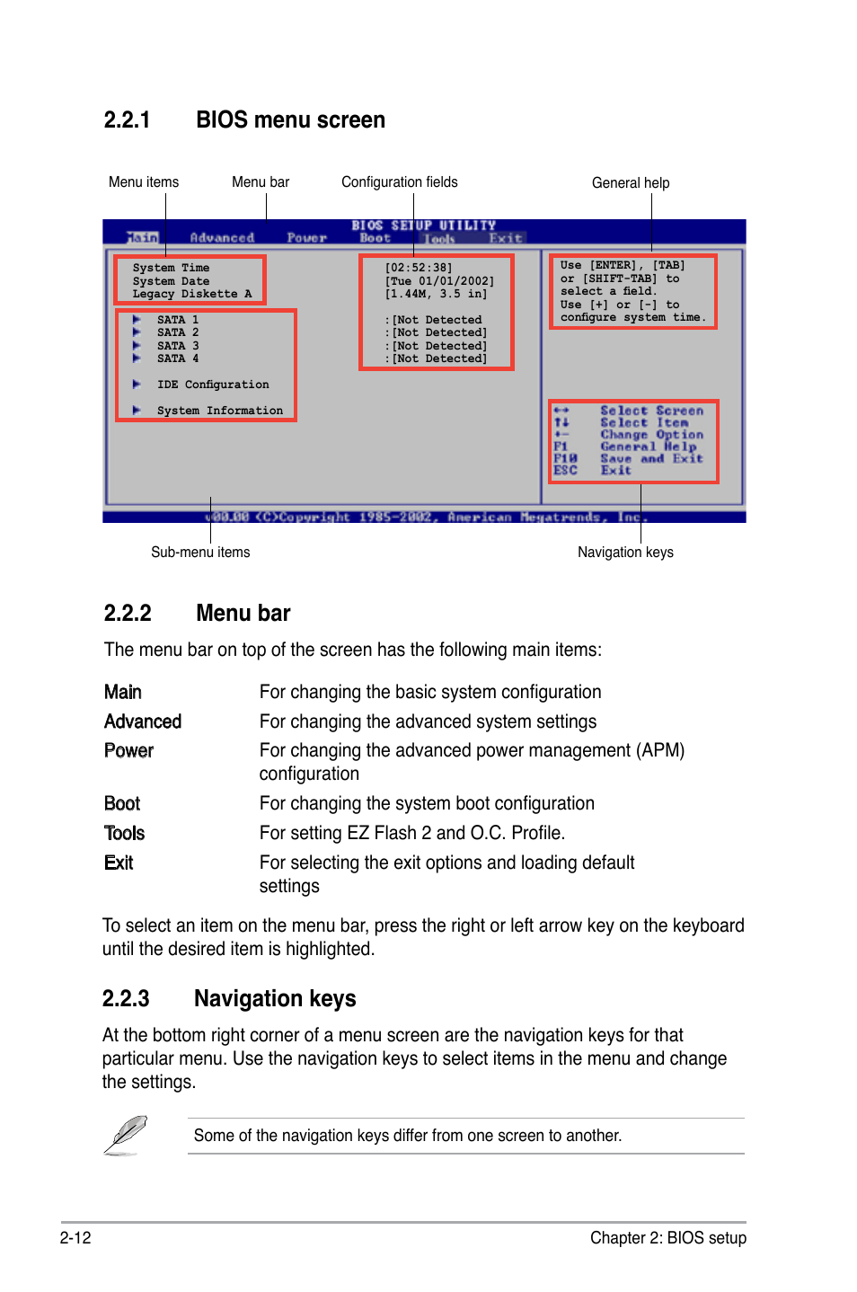 2 menu bar, 1 bios menu screen, 3 navigation keys | Asus P5B-VM SE User Manual | Page 60 / 94