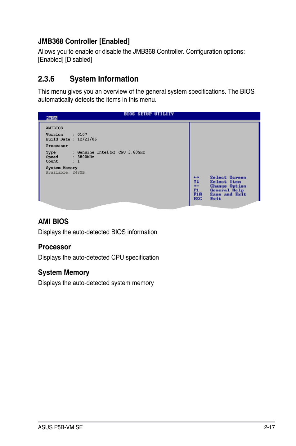 6 system information, Ami bios, Processor | Jmb368 controller [enabled | Asus P5B-VM SE User Manual | Page 65 / 94