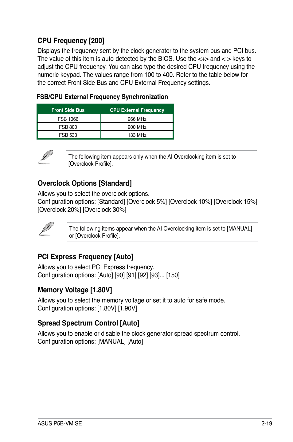 Cpu frequency [200, Pci express frequency [auto, Spread spectrum control [auto | Overclock options [standard | Asus P5B-VM SE User Manual | Page 67 / 94