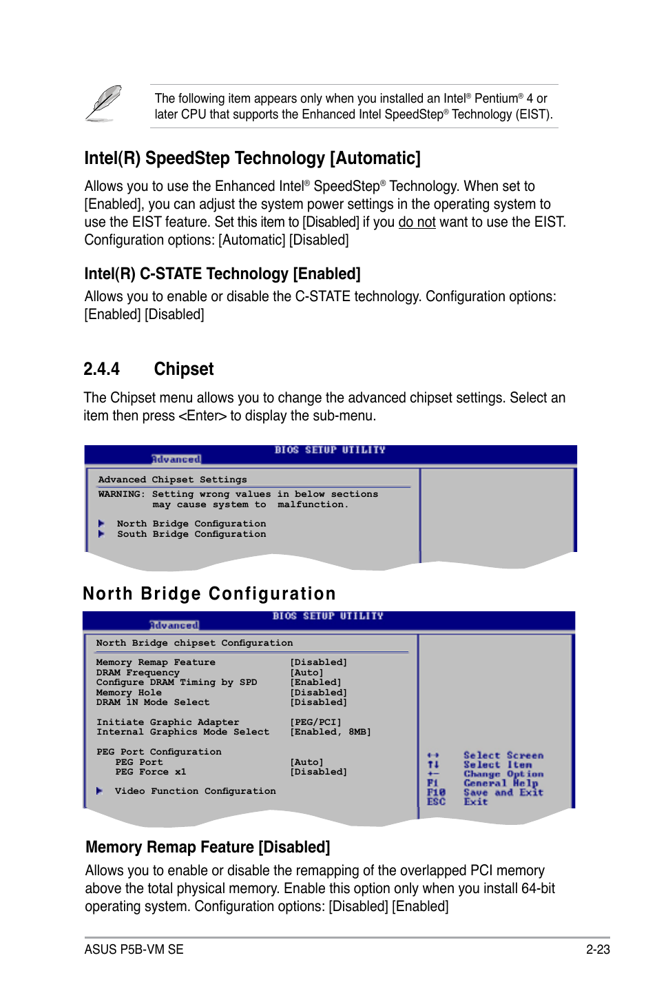 Intel(r) speedstep technology [automatic, 4 chipset, North bridge configuration | Intel(r) c-state technology [enabled, Allows you to use the enhanced intel, Speedstep | Asus P5B-VM SE User Manual | Page 71 / 94