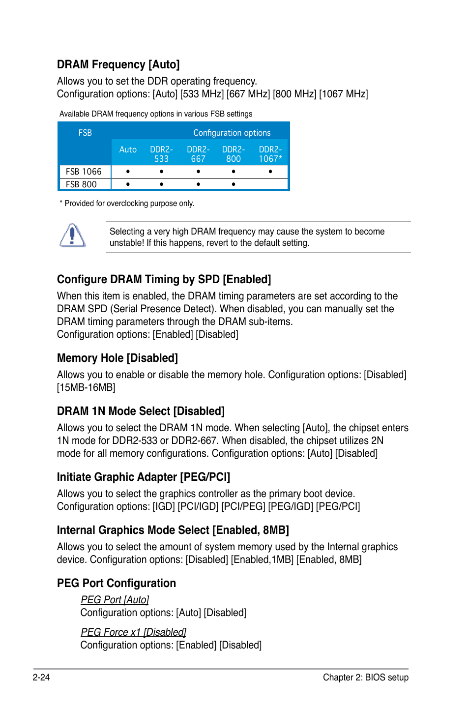 Dram frequency [auto, Configure dram timing by spd [enabled, Dram 1n mode select [disabled | Initiate graphic adapter [peg/pci, Internal graphics mode select [enabled, 8mb, Peg port configuration | Asus P5B-VM SE User Manual | Page 72 / 94