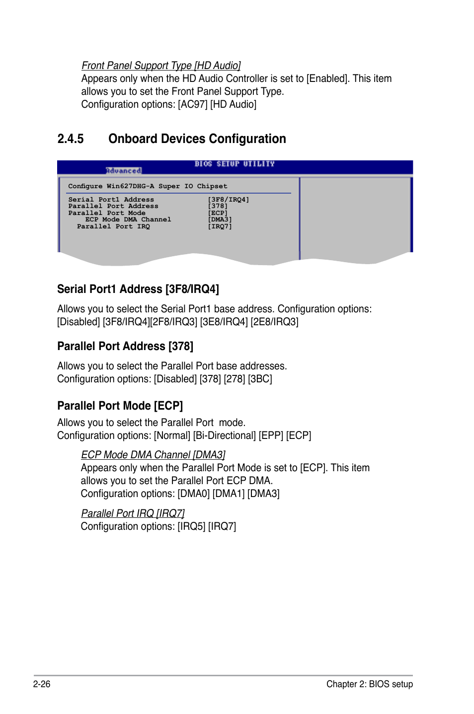 5 onboard devices configuration, Serial port1 address [3f8/irq4, Parallel port address [378 | Parallel port mode [ecp | Asus P5B-VM SE User Manual | Page 74 / 94