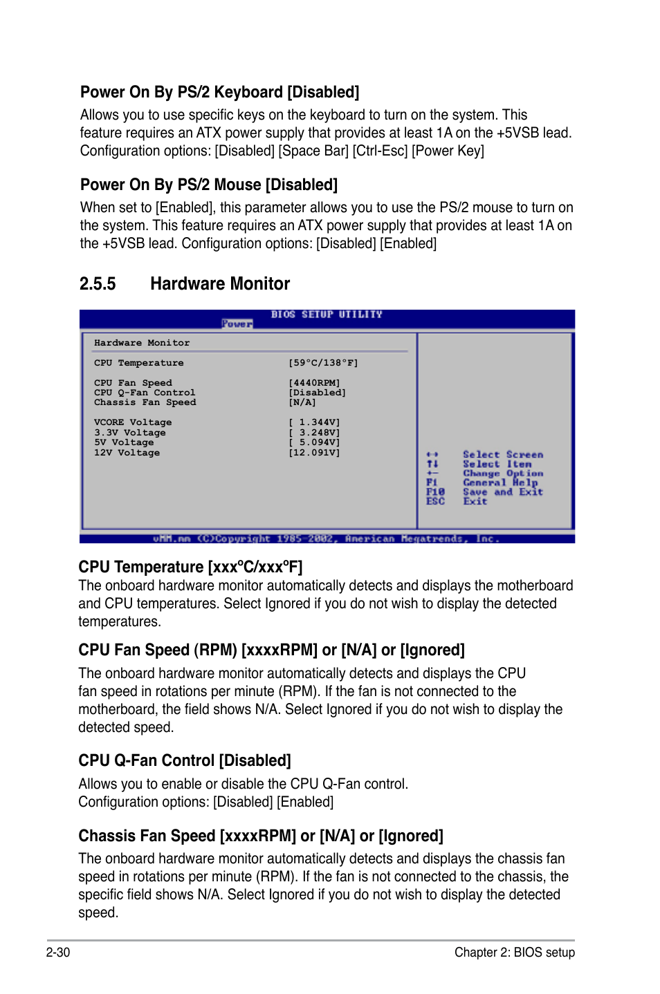 5 hardware monitor, Power on by ps/2 keyboard [disabled, Power on by ps/2 mouse [disabled | Cpu temperature [xxxºc/xxxºf, Cpu q-fan control [disabled | Asus P5B-VM SE User Manual | Page 78 / 94