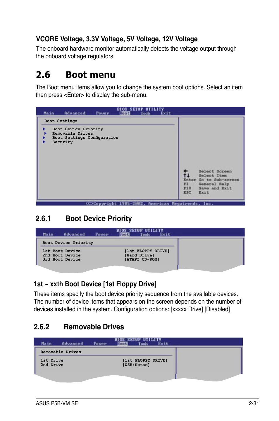 6 boot menu, 1 boot device priority, 2 removable drives | 1st ~ xxth boot device [1st floppy drive | Asus P5B-VM SE User Manual | Page 79 / 94