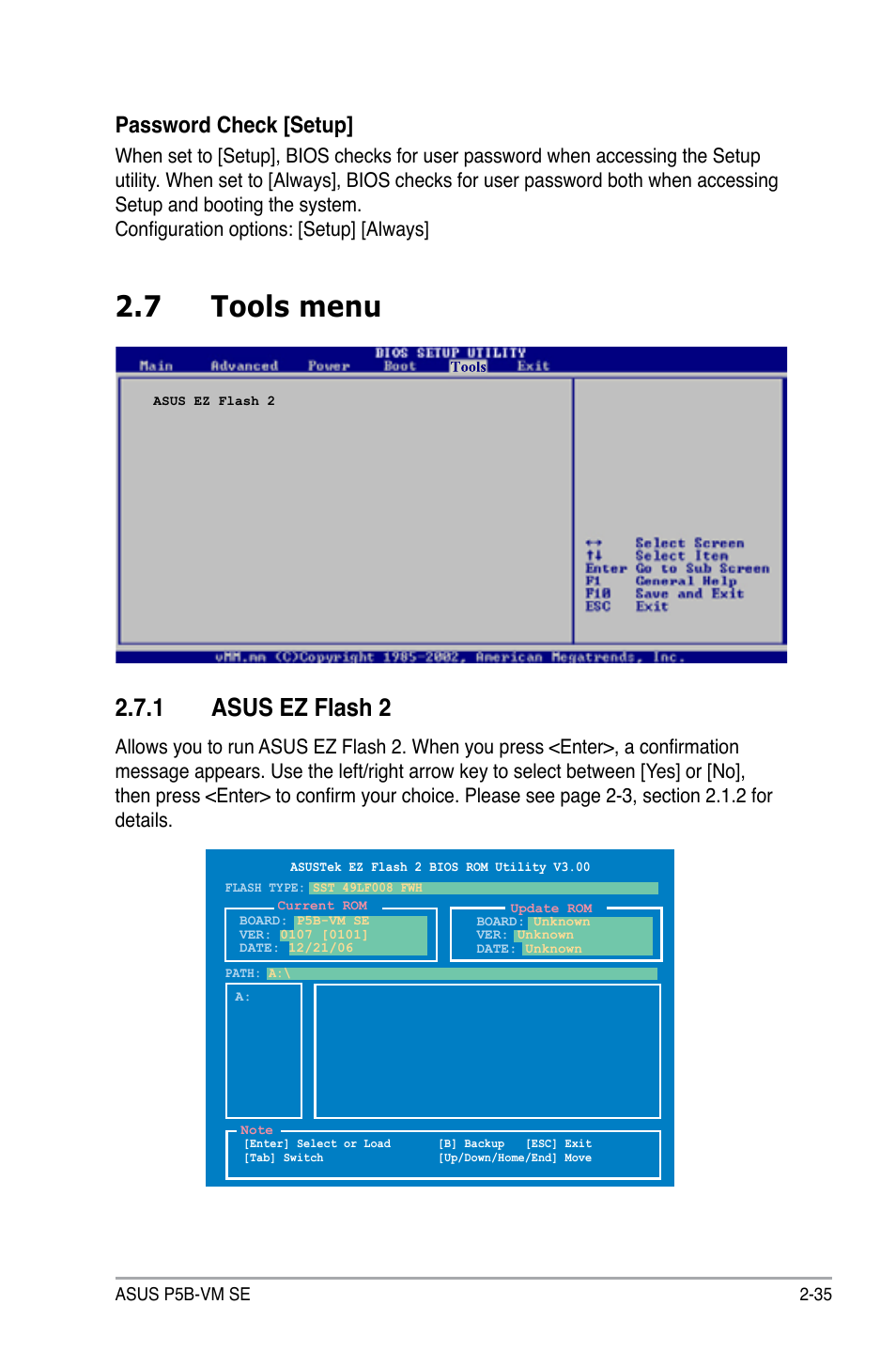 7 tools menu, 1 asus ez flash 2, Password check [setup | Asus P5B-VM SE User Manual | Page 83 / 94