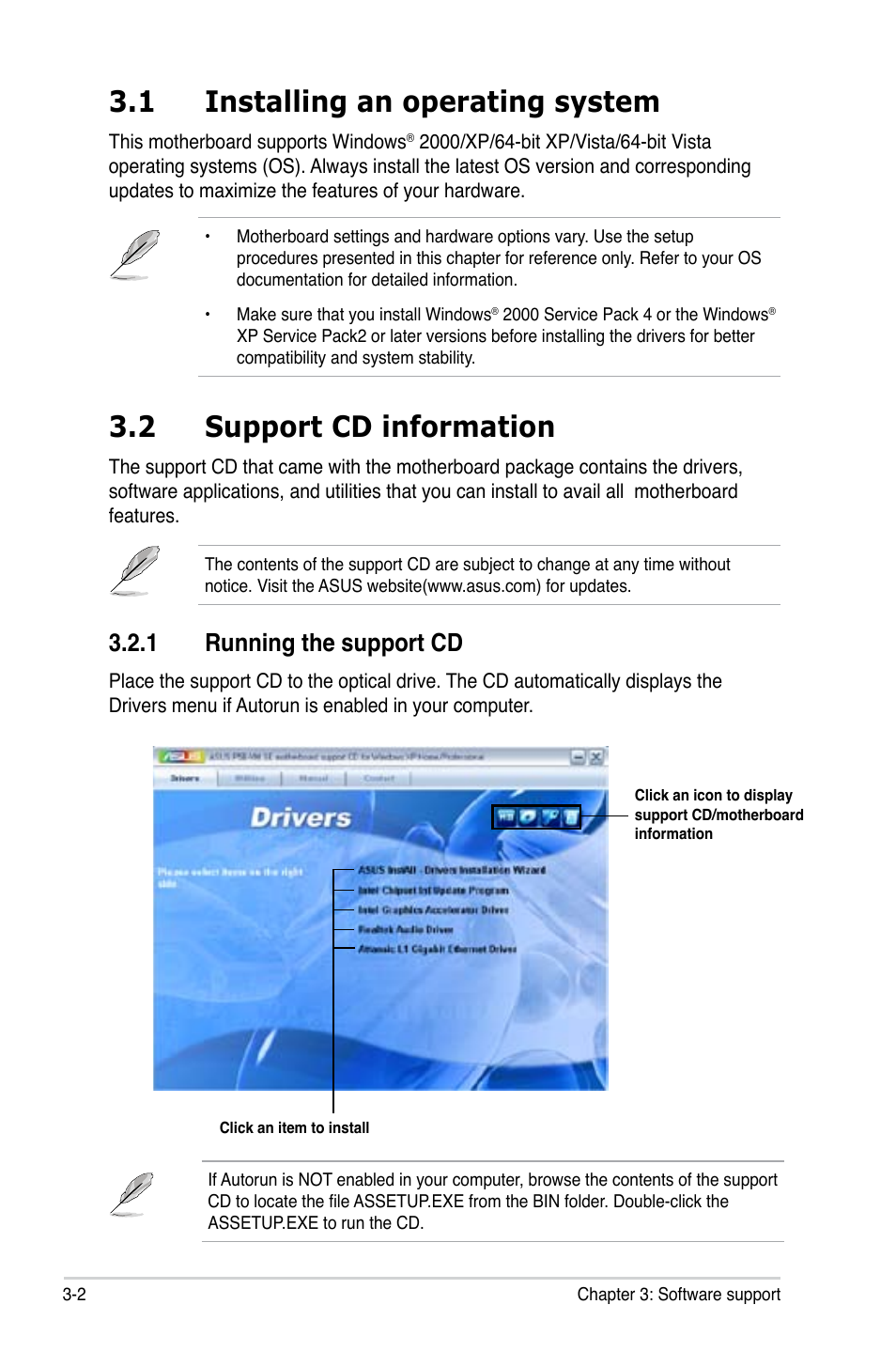1 installing an operating system, 2 support cd information, 1 running the support cd | Asus P5B-VM SE User Manual | Page 86 / 94