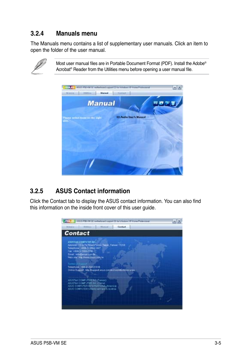 4 manuals menu, 5 asus contact information | Asus P5B-VM SE User Manual | Page 89 / 94