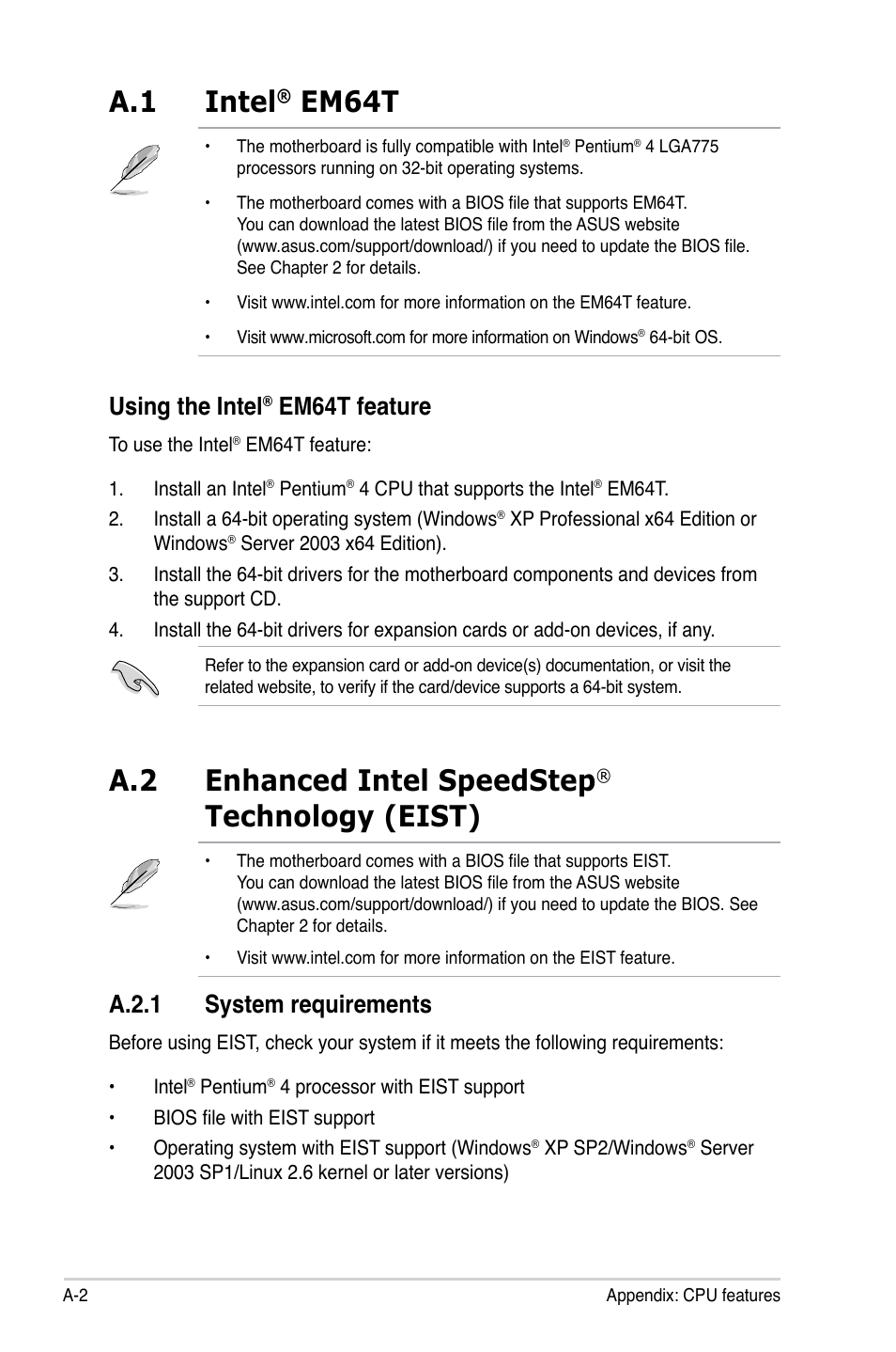 A.1 intel, Em64t, A.2 enhanced intel speedstep | Technology (eist), Using the intel, Em64t feature, A.2.1 system requirements | Asus P5B-VM SE User Manual | Page 92 / 94