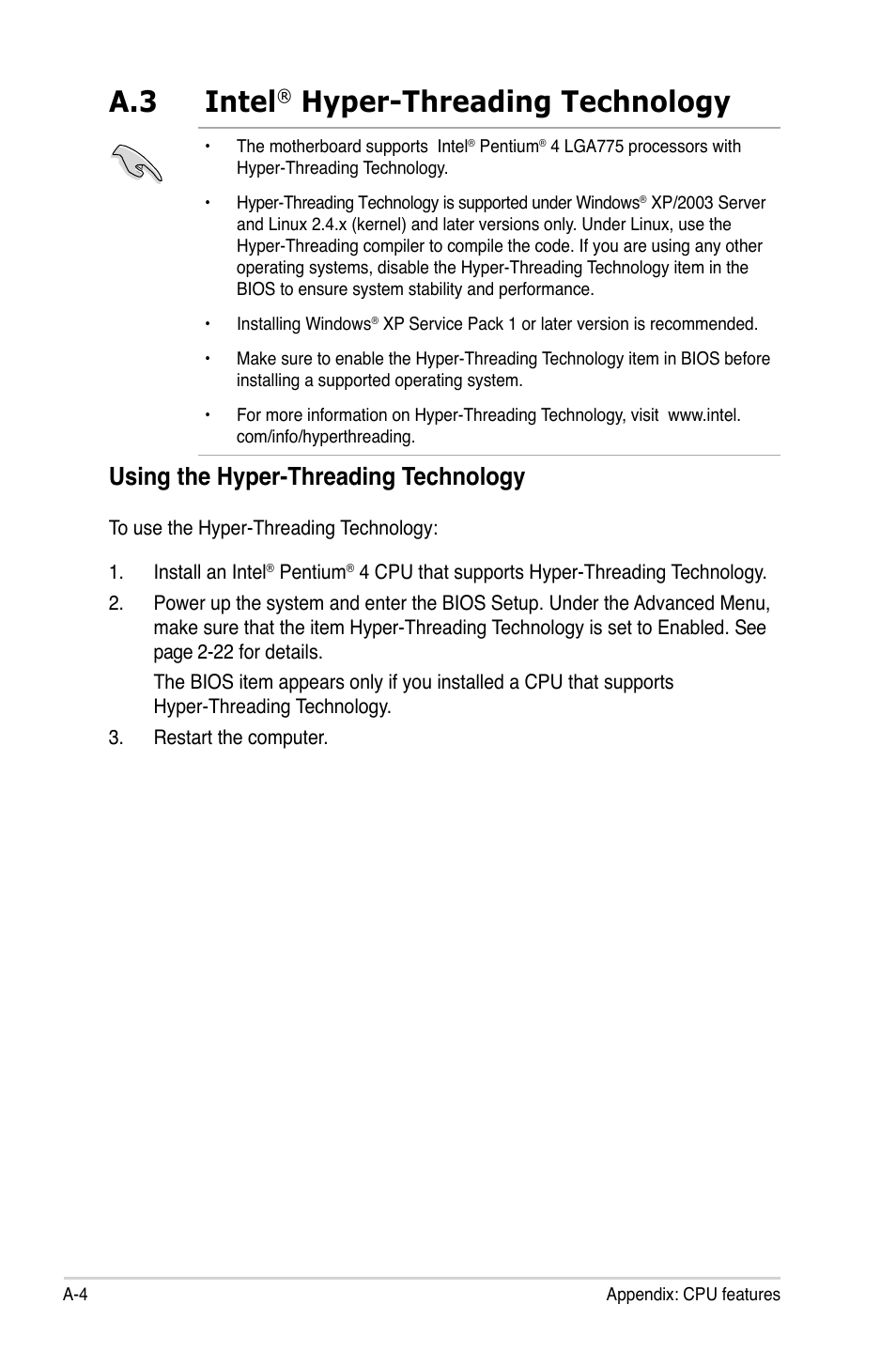 A.3 intel, Hyper-threading technology, Using the hyper-threading technology | Asus P5B-VM SE User Manual | Page 94 / 94