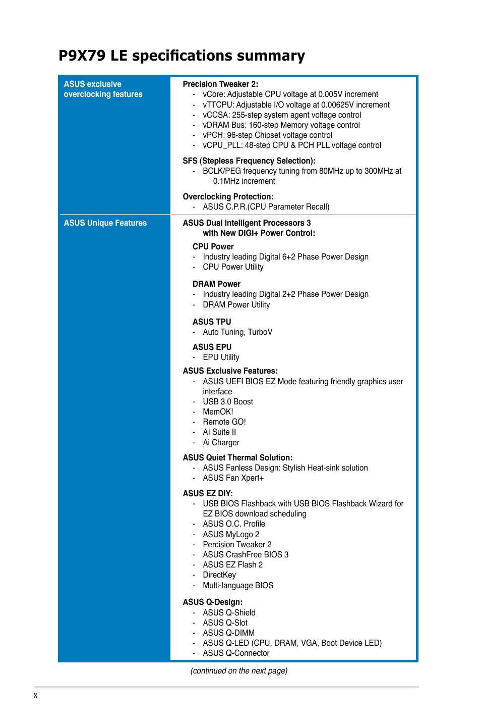 P9x79 le specifications summary | Asus P9X79 LE User Manual | Page 10 / 176