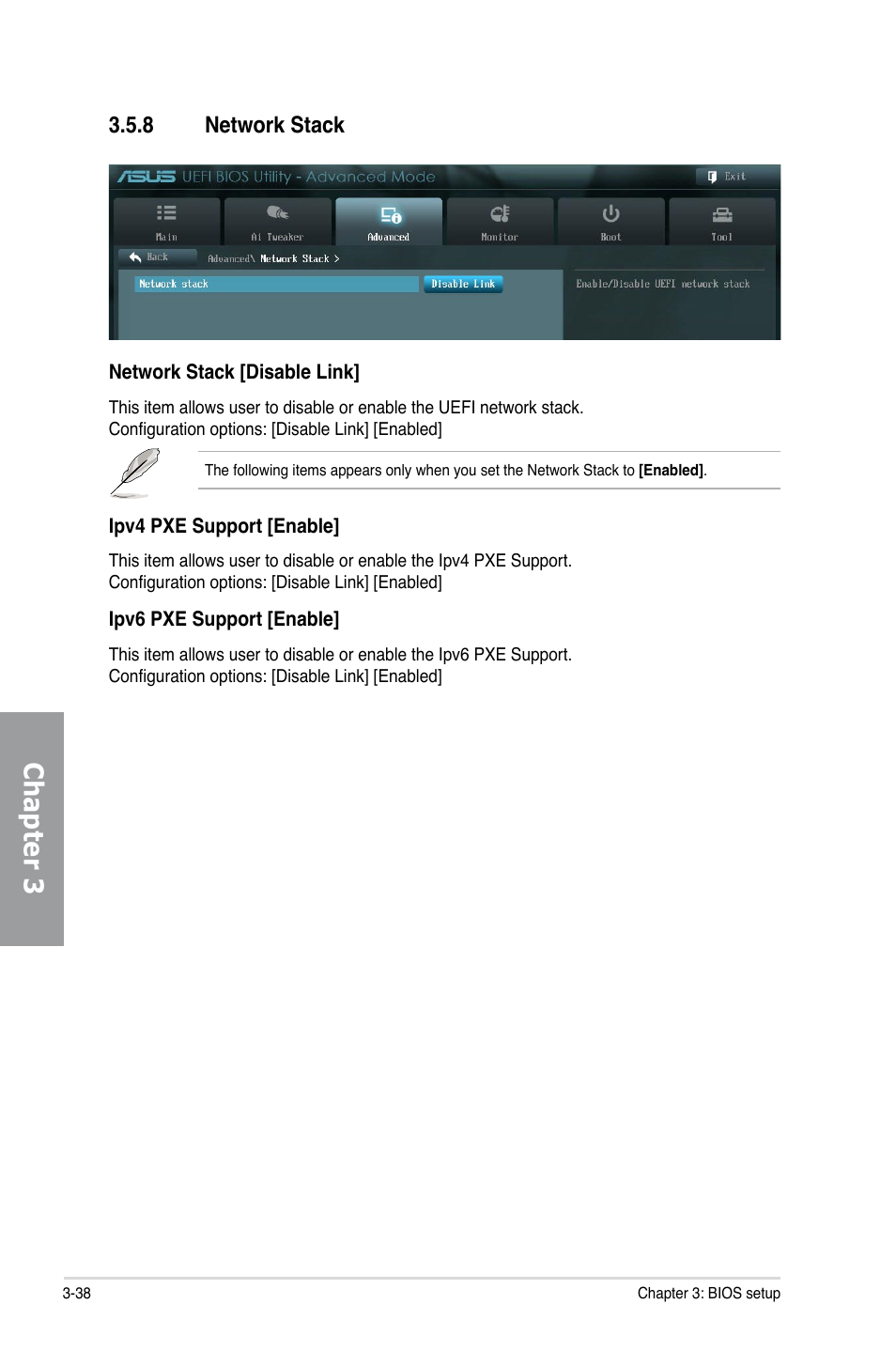 8 network stack, Network stack -38, Chapter 3 | Asus P9X79 LE User Manual | Page 104 / 176