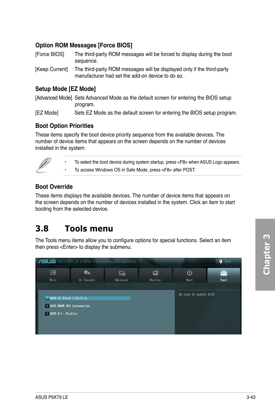 8 tools menu, Tools menu -43, Chapter 3 3.8 tools menu | Asus P9X79 LE User Manual | Page 109 / 176