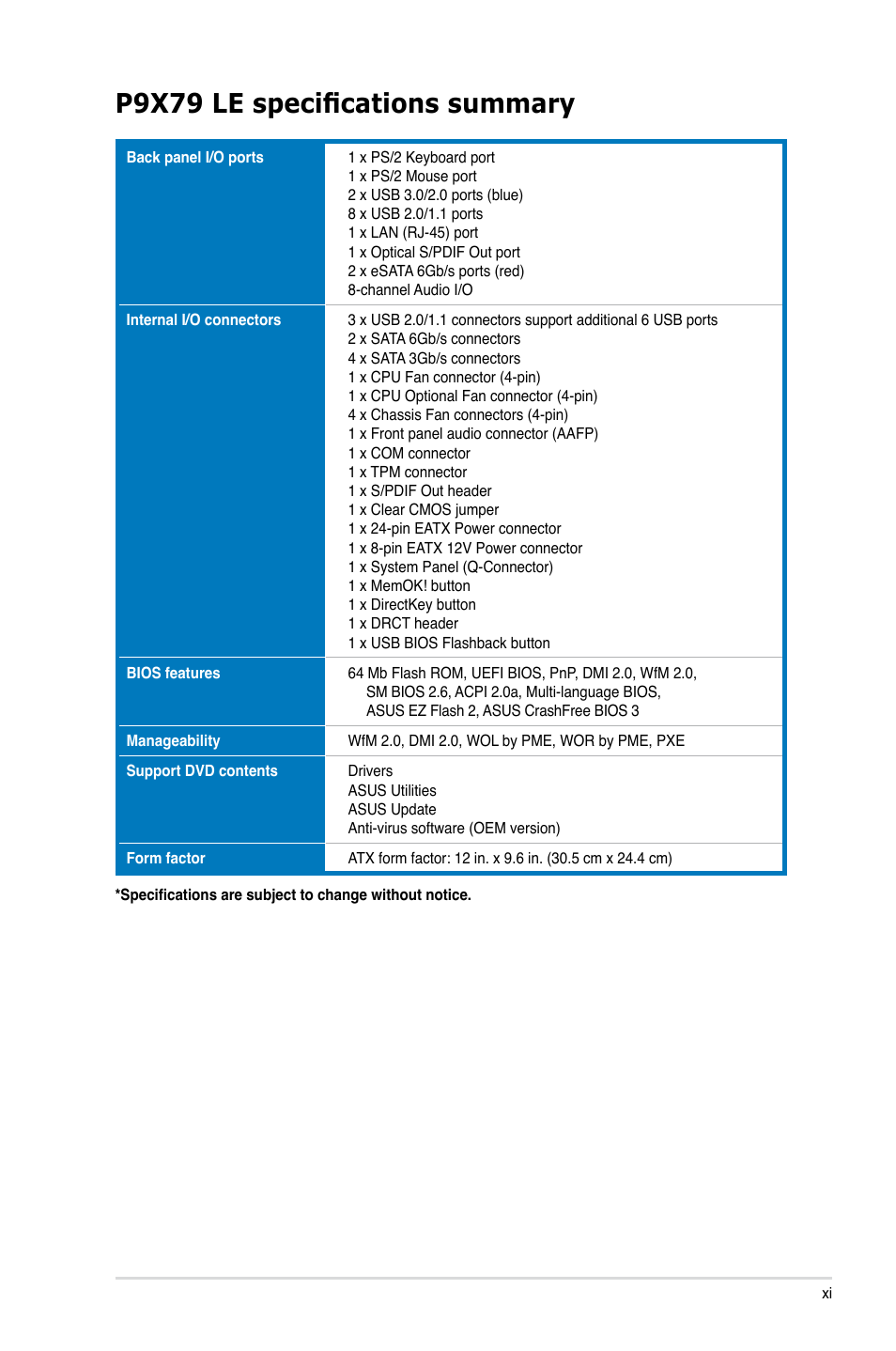 P9x79 le specifications summary | Asus P9X79 LE User Manual | Page 11 / 176