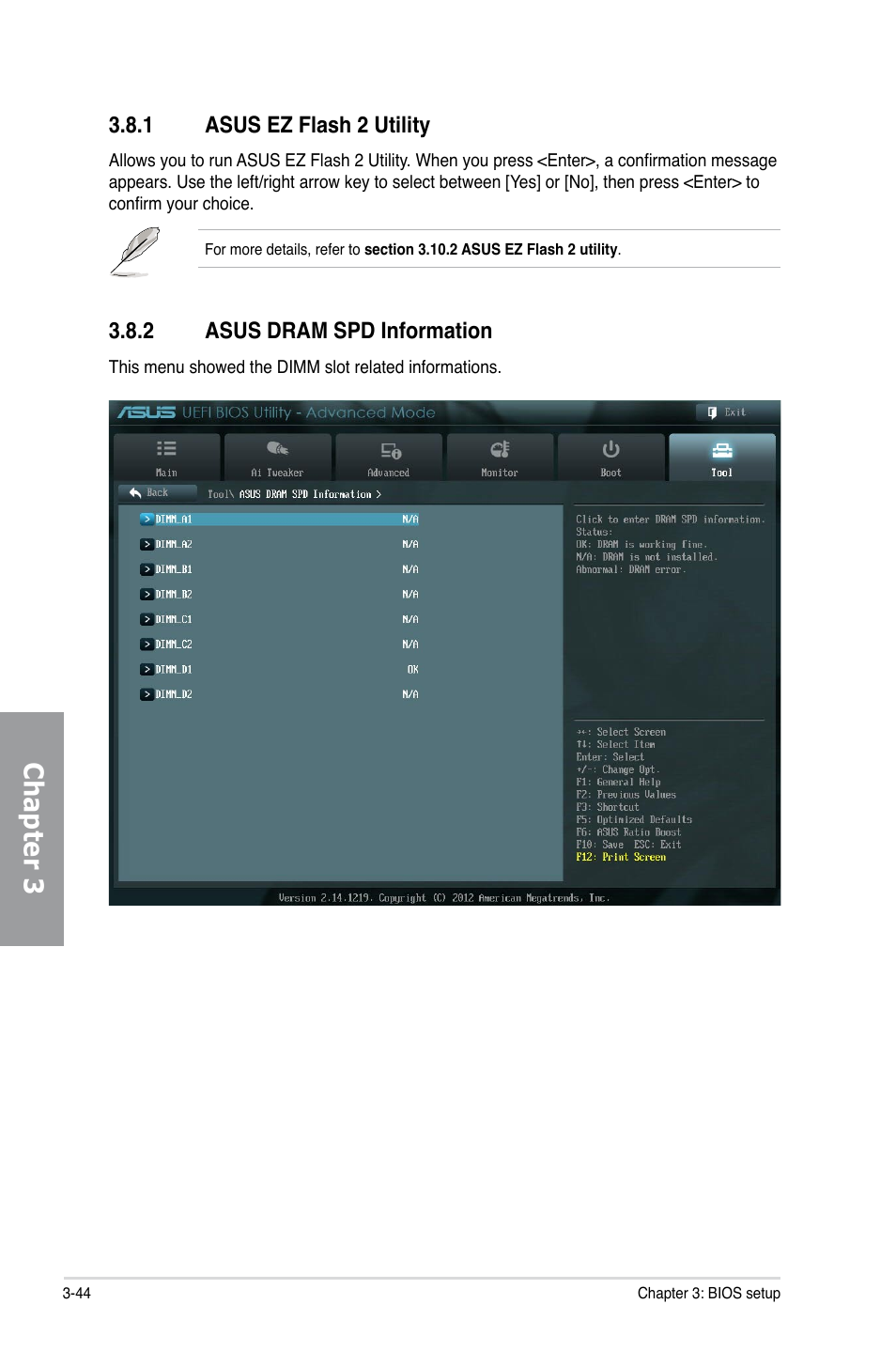 1 asus ez flash 2 utility, 2 asus dram spd information, Asus ez flash 2 utility -44 | Asus dram spd information -44, Chapter 3 | Asus P9X79 LE User Manual | Page 110 / 176