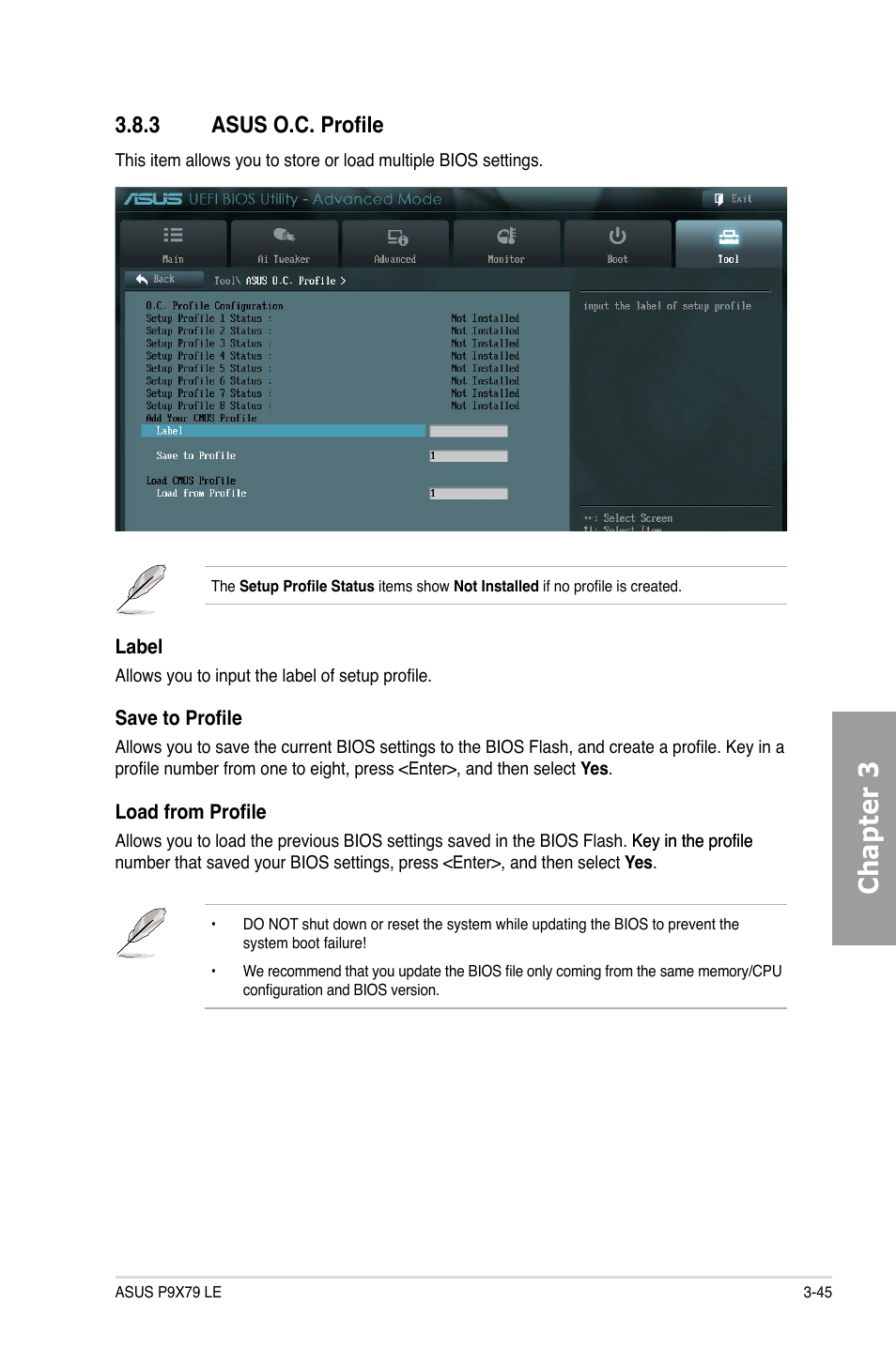 3 asus o.c. profile, Asus o.c. profile -45, Chapter 3 | Asus P9X79 LE User Manual | Page 111 / 176