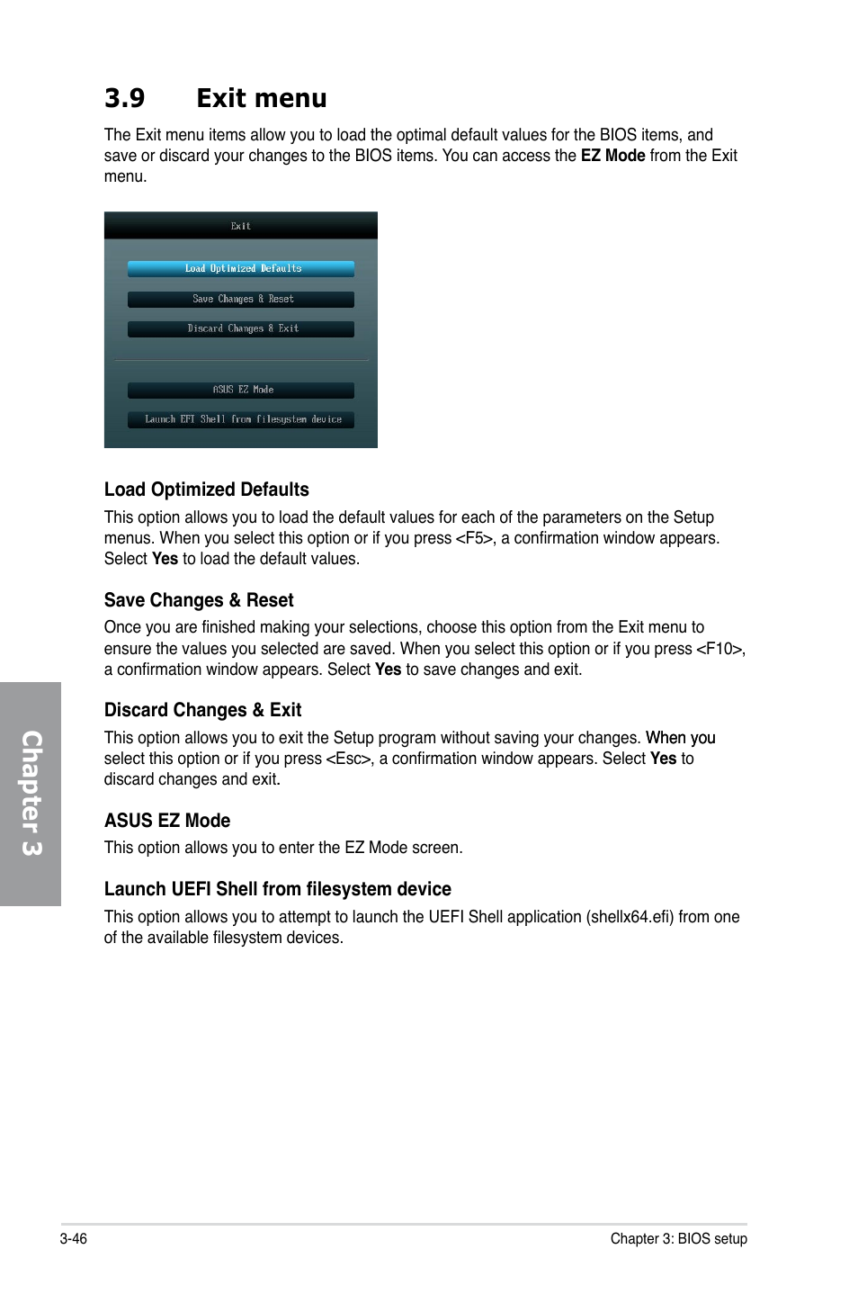 9 exit menu, Exit menu -46, Chapter 3 3.9 exit menu | Asus P9X79 LE User Manual | Page 112 / 176