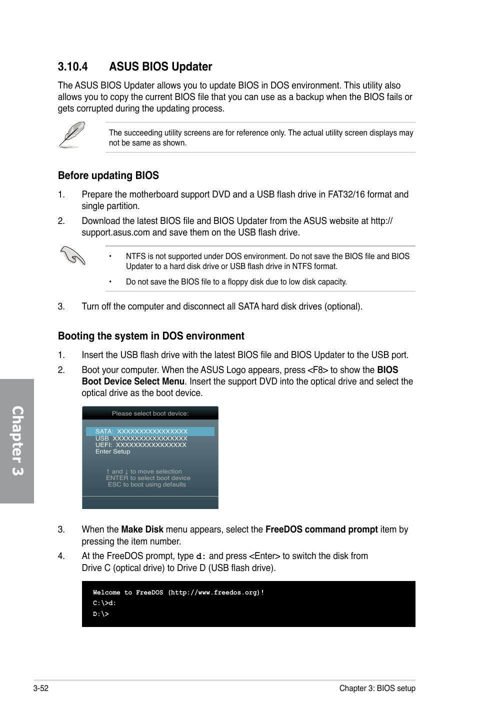 4 asus bios updater, Asus bios updater -52, Chapter 3 | Booting the system in dos environment, Before updating bios | Asus P9X79 LE User Manual | Page 118 / 176