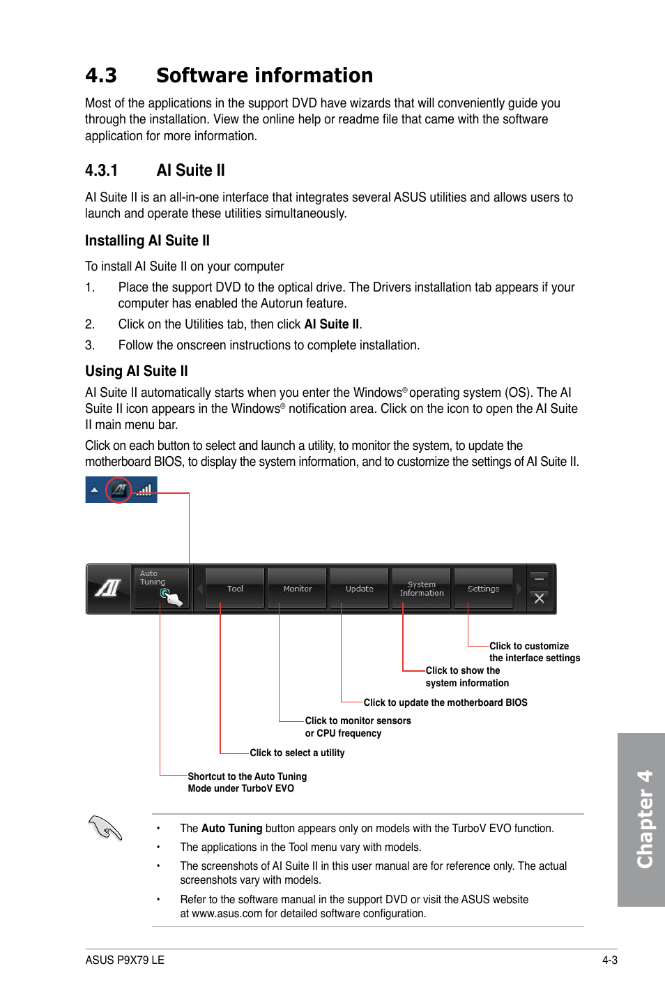 3 software information, 1 ai suite ii, Software information -3 | Ai suite ii -3, Chapter 4 4.3 software information | Asus P9X79 LE User Manual | Page 123 / 176