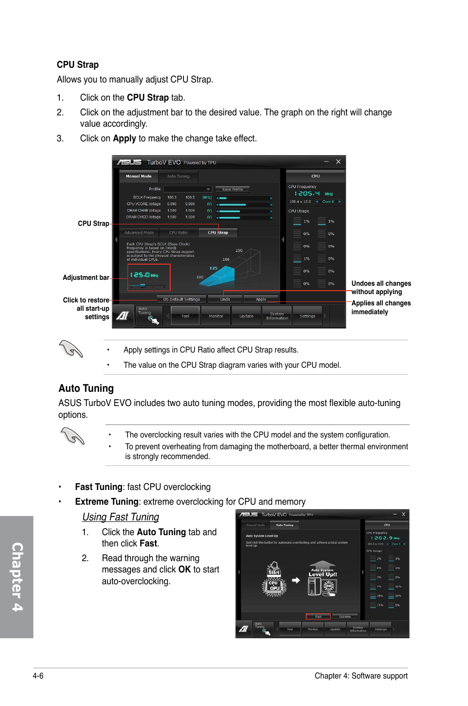 Chapter 4, Auto tuning, Using fast tuning | Asus P9X79 LE User Manual | Page 126 / 176