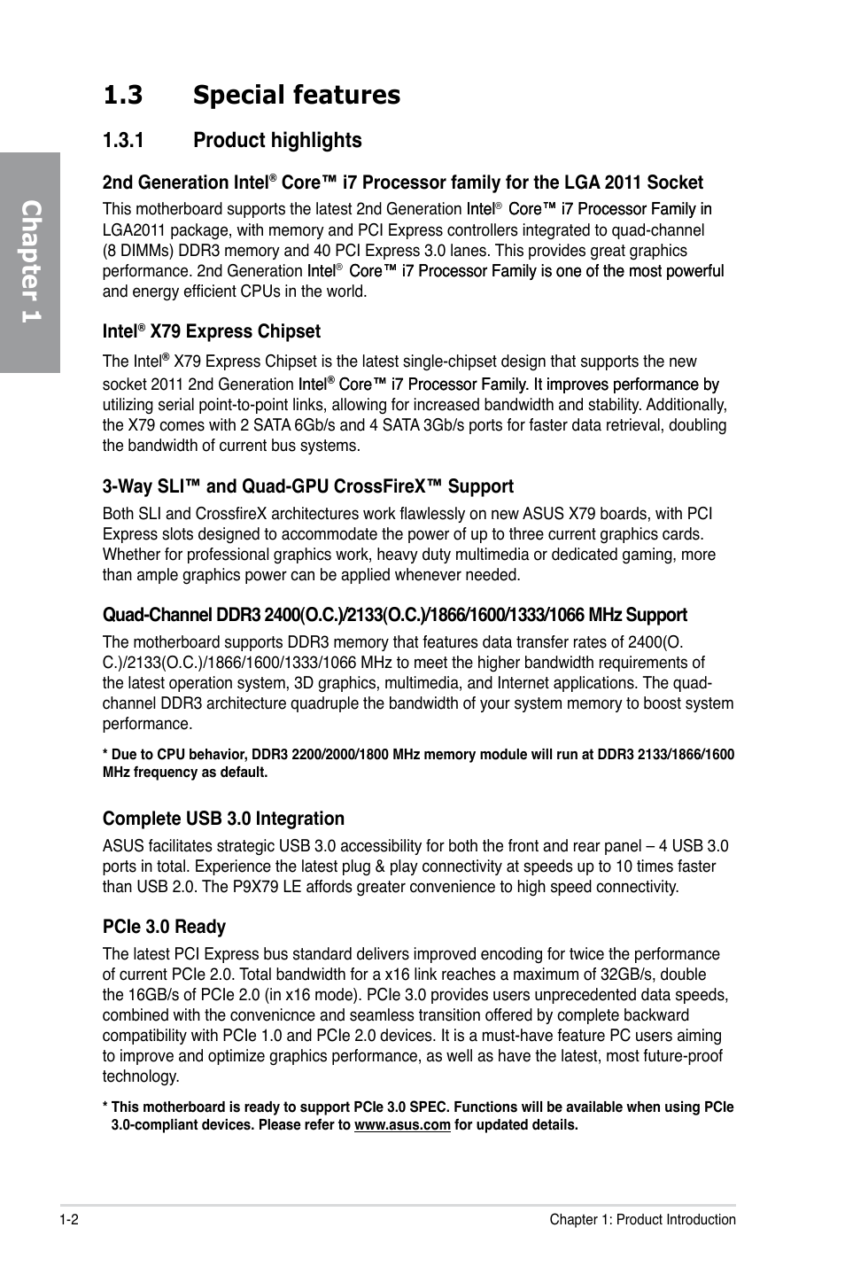 3 special features, 1 product highlights, Special features -2 1.3.1 | Product highlights -2, Chapter 1 1.3 special features | Asus P9X79 LE User Manual | Page 14 / 176