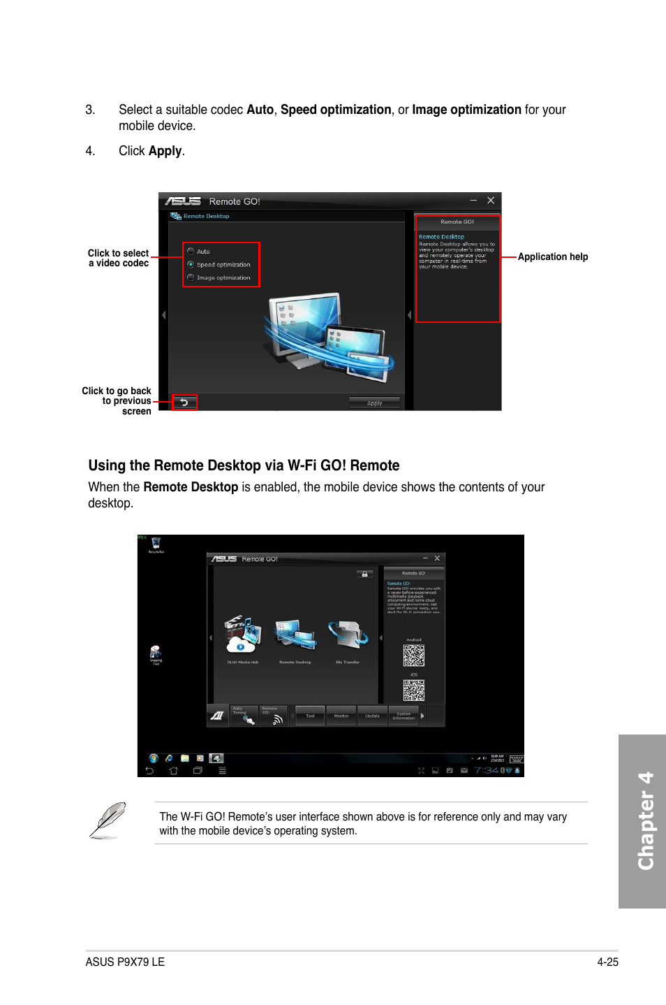 Chapter 4, Using the remote desktop via w-fi go! remote | Asus P9X79 LE User Manual | Page 145 / 176