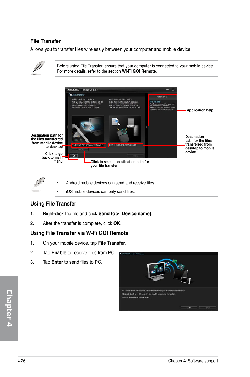 Chapter 4, File transfer, Using file transfer via w-fi go! remote | Using file transfer | Asus P9X79 LE User Manual | Page 146 / 176
