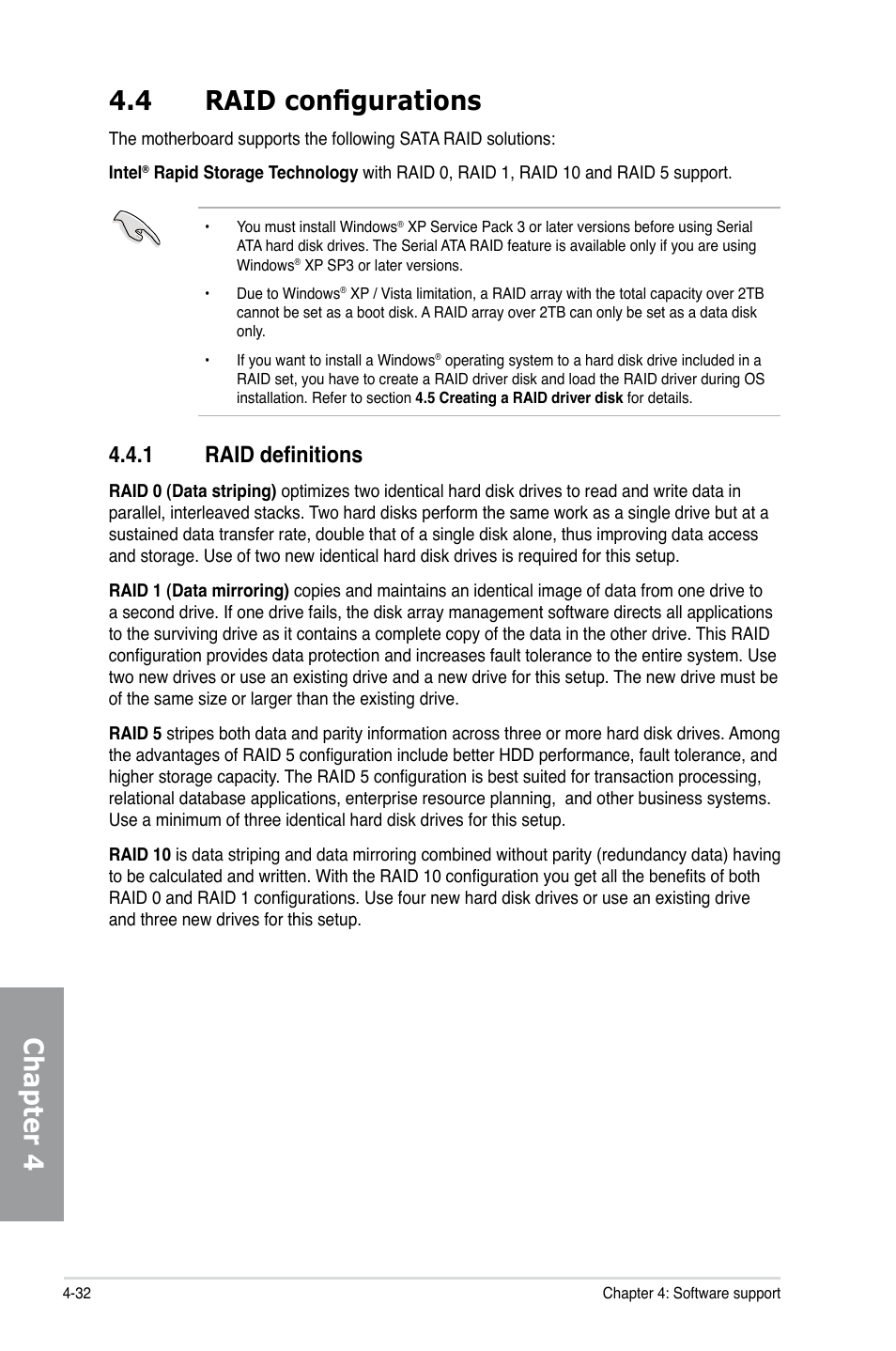 4 raid configurations, 1 raid definitions, Raid configurations -32 4.4.1 | Raid definitions -32, Chapter 4 4.4 raid configurations | Asus P9X79 LE User Manual | Page 152 / 176