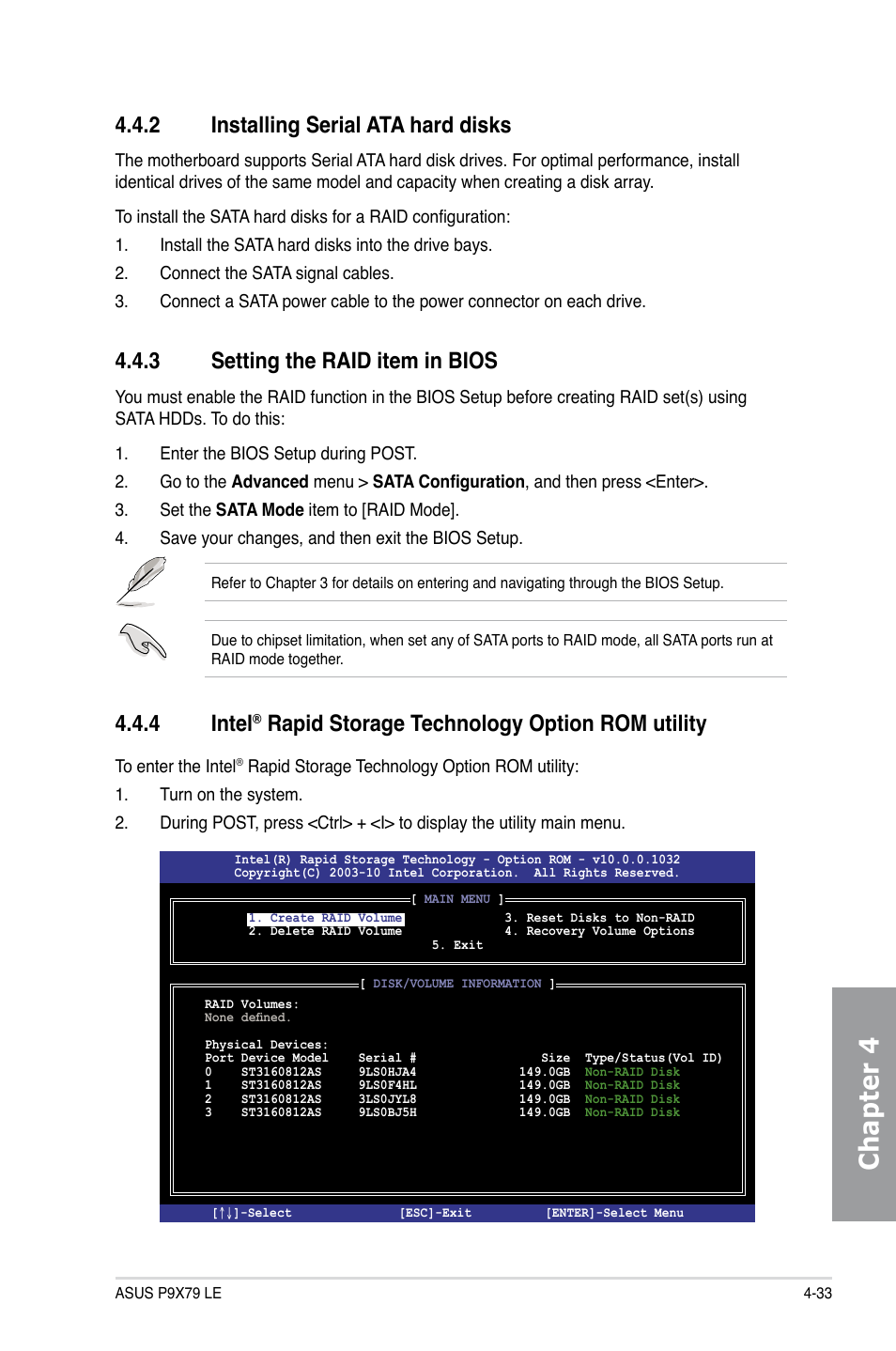 2 installing serial ata hard disks, 3 setting the raid item in bios, Installing serial ata hard disks -33 | Setting the raid item in bios -33, Intel, Rapid storage technology option rom utility -33, Chapter 4, 4 intel, Rapid storage technology option rom utility | Asus P9X79 LE User Manual | Page 153 / 176