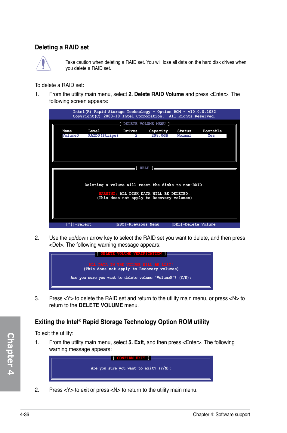 Chapter 4, Deleting a raid set, Exiting the intel | Rapid storage technology option rom utility | Asus P9X79 LE User Manual | Page 156 / 176