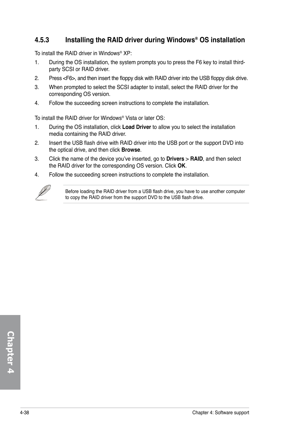 Installing the raid driver during windows, Os installation -38, Chapter 4 | 3 installing the raid driver during windows, Os installation | Asus P9X79 LE User Manual | Page 158 / 176