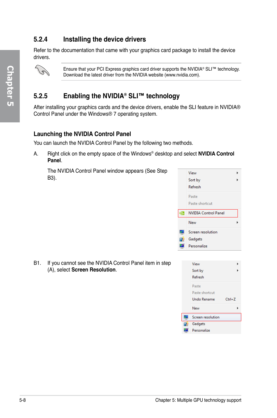 4 installing the device drivers, 5 enabling the nvidia® sli™ technology, Installing the device drivers -8 | Enabling the nvidia, Sli™ technology -8, Chapter 5, 5 enabling the nvidia, Sli™ technology | Asus P9X79 LE User Manual | Page 168 / 176