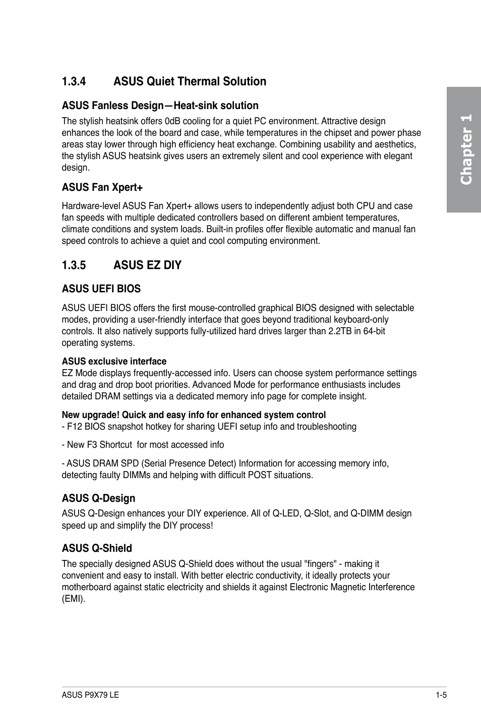 4 asus quiet thermal solution, 5 asus ez diy, Asus quiet thermal solution -5 | Asus ez diy -5, Chapter 1 | Asus P9X79 LE User Manual | Page 17 / 176