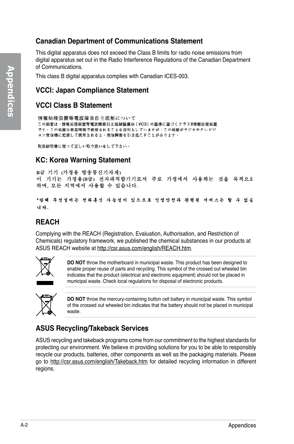 Appendices, Reach, Asus recycling/takeback services | Asus P9X79 LE User Manual | Page 172 / 176