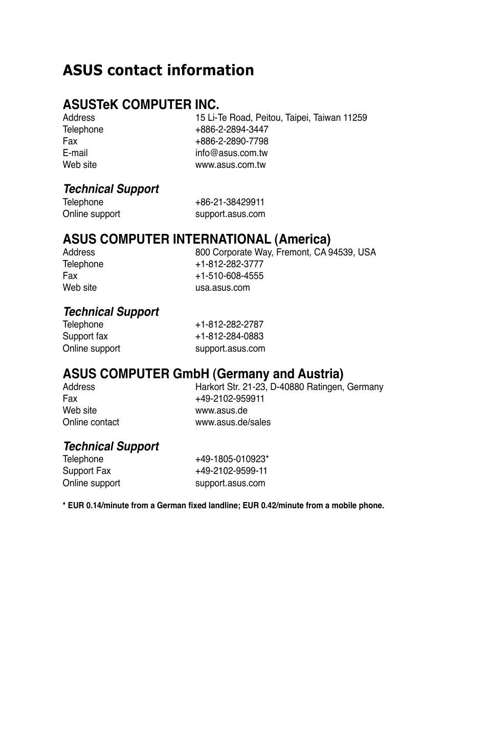Asus contact information, Asustek computer inc, Asus computer international (america) | Asus computer gmbh (germany and austria), Technical support | Asus P9X79 LE User Manual | Page 175 / 176