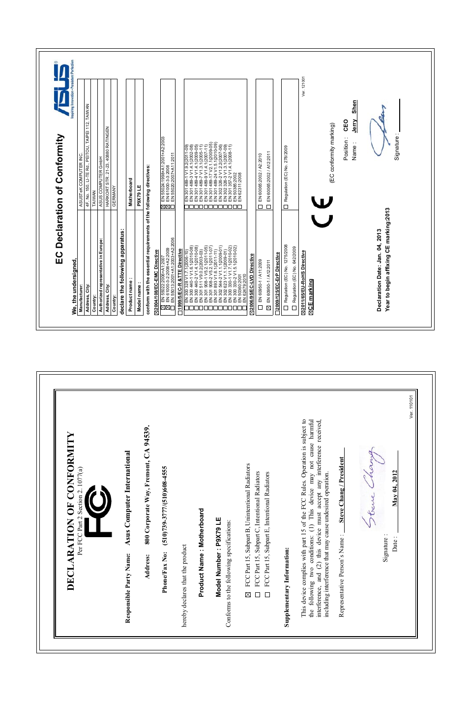 Declaration of conformity, Ec declaration of conformity, Asu s c om pu te r in te rn at io na l | Asus P9X79 LE User Manual | Page 176 / 176