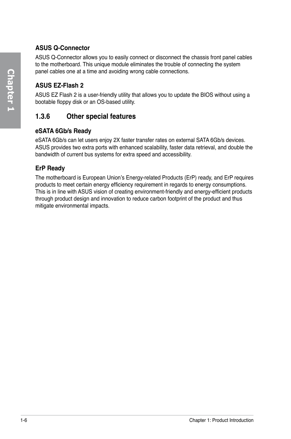 6 other special features, Other special features -6, Chapter 1 | Asus P9X79 LE User Manual | Page 18 / 176