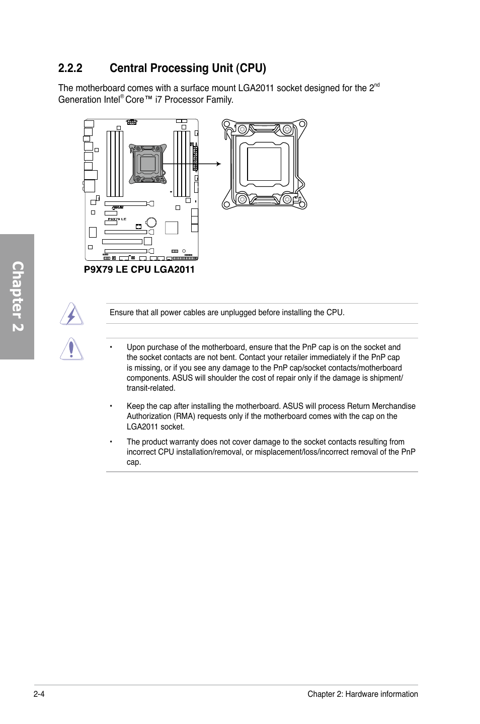 2 central processing unit (cpu), Central processing unit (cpu) -4, Chapter 2 | Asus P9X79 LE User Manual | Page 22 / 176